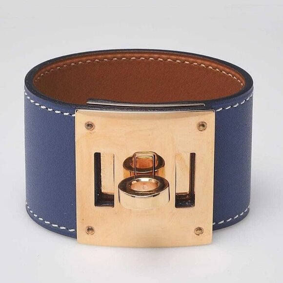 Hermes Bleu Brighton Swift Leather Gold Plated Kelly Dog Bracelet Size T1 - Picture 2 of 8